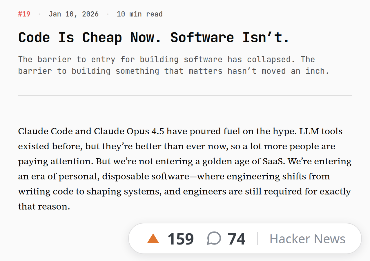 Chris Gregori — “Code Is Cheap Now. Software Isn’t.” (Jan 2026)