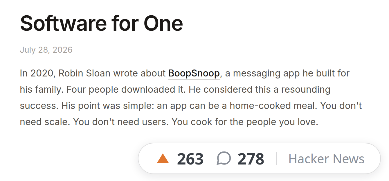 Adam Waxman — “Software for One” (Jul 2026)